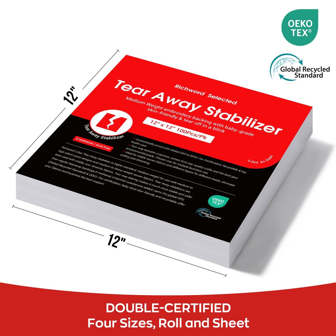 Richword Selected Tear Away Embroidery Stabilizer Backing, 2.0 oz Medium Weight, 9 x 9 in Sheets for 4x4 Hoops, 12 x 12 in Sheets for 5x7 Hoops, 12 in x 25 yd & 50 yd Rolls for Most Embroidery Machines